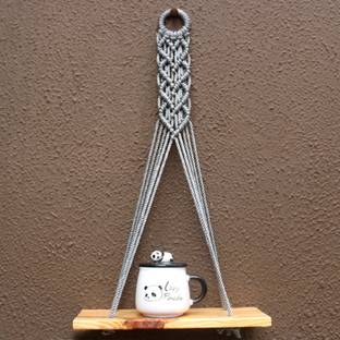 VAH Pine Heart Grey Macrame Rope Wall Hanging Shelf Macrame Shelf Wall Hangings Macrame Floating Shelf Used as Wall Decor for Home Decoration Indoor Outdoor Wooden Wall Shelf