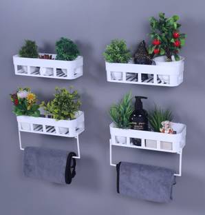Zenvio Decor for Kitchen 4 Bathroom Rack with 2 Towel Hanger Plastic Wall Shelf (White) Plastic Wall Shelf