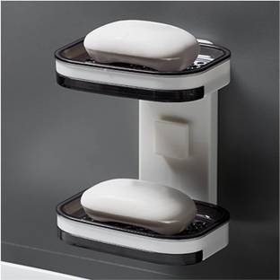 MOSHTU Wall Mounted Double Layer Soap Box, Bathroom Toiletries Organizer Plastic Wall Shelf