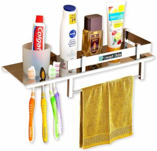 SMART SLIDE Stainless Steel 3 in 1 Multipurpose Bathroom Wall Shelf - Toothpaste - Toothbrush Holder – Tumbler Holder – Kitchen Rack - Kitchen Organizer – Bathroom organizer with Toothbrush and Towel Holder Stainless Steel Wall Shelf
