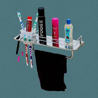 SQUARO ONLINE STORE Stainless Steel 5 in 1 Multipurpose Shelf/Tumbler /Toothbrush /Soap Holder Stainless Steel Wall Shelf