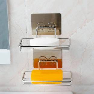 HOMIFYHUB Soap Stand Self Adhesive Wall Mounted Shelves for Kitchen Bathroom Organizer Stainless Steel Wall Shelf