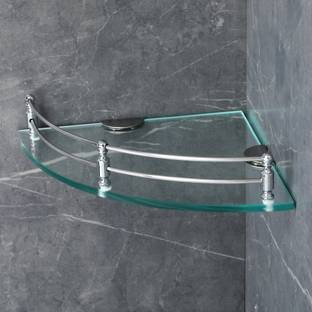 Garbnoire Multi-Plurpose Glass Corner Shelf for Bathroom - 12 x 12 inch Wall Mount Shelf | Bathroom Accessory Glass, Stainless Steel Wall Shelf