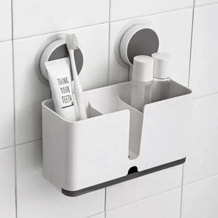 Linear Plastic Self Adhesive Wall Mount Toothbrush Holder with Drain Tray for Bathroom Plastic Toothbrush Holder