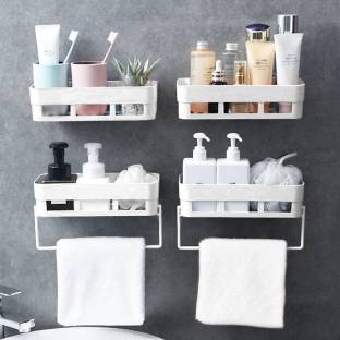OFOY Combo of 4 Pieces Plastic Wall Shelf (4 Bathroom Shelf + 2 Towel Hanger ) Plastic Wall Shelf