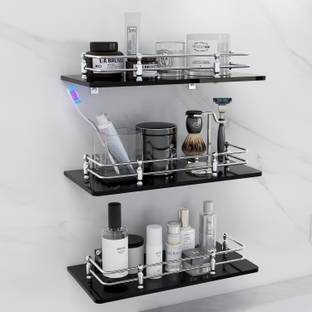 Garbnoire Premium Multipurpose Wall Hung Glass Rack, 12 x 6 -inch (Pack of 3) Glass, Stainless Steel Wall Shelf