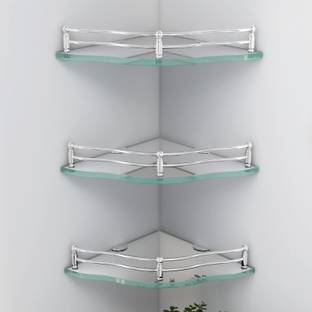 IMPULSE Premium Flower Glass Corner Shelf for Bathroom/Kitchen Shelf/Bathroom Accessories - 9 x 9 Inches(Pack of 3) Glass Wall Shelf