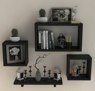 DS SHOPPEE Beautiful Wooden Rafuf and Rectangle Floating Wall Shelf Set of 4 MDF (Medium Density Fiber) Wall Shelf