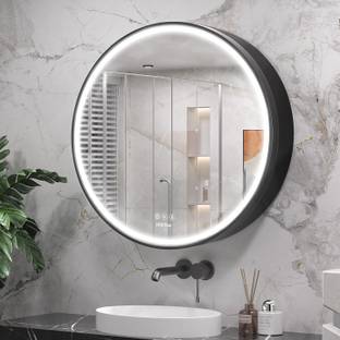 Plantex Round LED Mirror Cabinet for Bathroom with Defogger and Bluetooth (24x24 Inch) Stainless Steel Wall Shelf