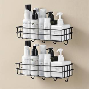 ICONPLUS Wall Mounted Black Metal Bathroom Storage Shelf with Hooks for Toiletries Steel Wall Shelf