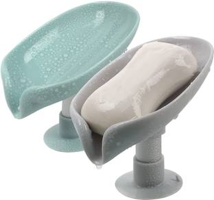 Zenvio Pack of 2 Leaf-Shape Soap Dish Holder Plastic Multicolor Bathroom Stand Plastic Wall Shelf