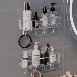 Plantex Self-Adhesive Multipurpose Bathroom Shelf with Hooks/Towel Holder/Rack-Pack of 2 Stainless Steel Wall Shelf