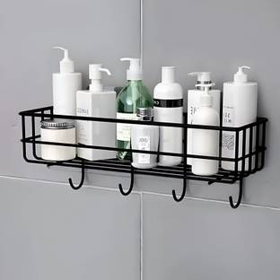 rich mart Bathroom Rack - Kitchen Storage - Multipurpose Shampoo Holder with 4 Hooks Stainless Steel Wall Shelf