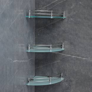 FORTUNE Frosted Glass Corner Shelf Bathroom Accessories (12 x 12 Inch) (Pack of 3) Glass, Stainless Steel Wall Shelf