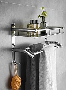 GRIVAN Multipurpose 2 Layer Bathroom Rack/Shelf/Stand With Towel Holder Stainless Steel Wall Shelf