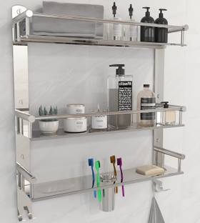 GRIVAN 3 Layer SS Multi-use Rack with Double Soap dish And Tumbler Holder Stainless Steel Wall Shelf