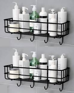 SARAZA Multipurpose Wall Mounted Bathroom Storage Organizer Shelf Rack with Hooks Iron Wall Shelf