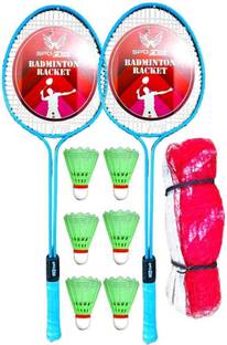 SPO Zone SPO-132 Badminton Rackets Set of 2 PC with 6 Shuttlecock AND 1 NET racket kit Green, Black Unstrung Badminton Racquet