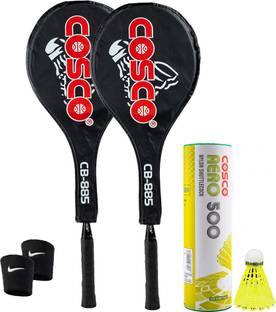 COSCO Badminton Kit - (2 CB-885 Racket, Aero 500 "6 Shuttle", 2 Wrist Band) Red Strung Badminton Racquet