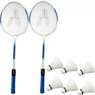 PRAKMO Badminton racket set of 2 WITH 6 Shuttle Multicolour Light Blue-white Strung Multicolor Strung Badminton Racquet