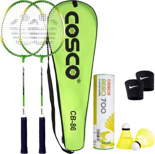 COSCO CB 86 Twin Racket-Hobby adminton Racket And Aero 700 Shuttle Box With Wrist Band Green Strung Badminton Racquet