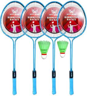 SPO Zone Badminton Racket Set OF 4 With 2 Plastic Cock _ Badminton Blue Strung Badminton Racquet
