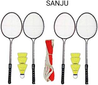 SANJU Badminton double shaft 2 set, 6 Pcs Shuttlecock, 1 ps net red best quality Multicolor Custom Strung Badminton Racquet