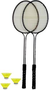 Harman Enterprises Double Shaft Badminton Racket Set of 2 Piece with 3 Piece Nylon Shuttles, Black Black Strung Badminton Racquet