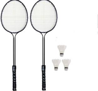 house of common 2 Double Shaft Badminton Racquet + 3 Pc Feather Shuttle + 1 Cover Black Strung Badminton Racquet