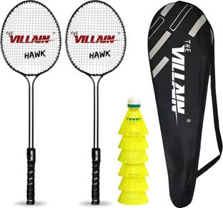 The Villain Hawk Double Shaft Professional Badminton Rackets Set with 6 Pcs Plastic Shuttles Multicolor Strung Badminton Racquet
