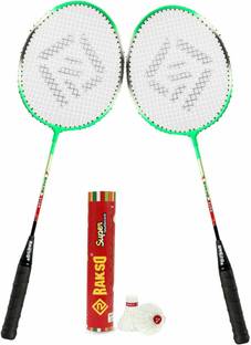 Rakso STAR GREEN Single Shaft Racket SET OF 2 Pc With 10 Shuttle FEATHER FOR KIDS MEN Multicolor Strung Badminton Racquet