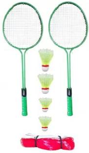 house of common Badminton Set Of 2 Racquet With 4 plastic Shuttles1 Net Multicolor Strung Badminton Racquet