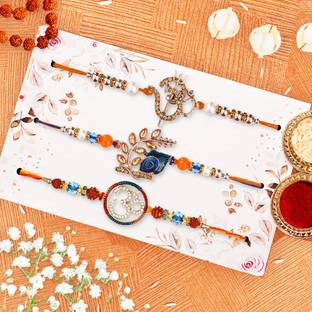 Dreamica Designer Set-2-3-5 Mauli Thread, Kundan, Gold Finish, Pearl Rakhi, Chawal Roli Pack, Greeting Card  Set