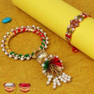 Niozaki Bhaiya Bhabhi CHUDA-OM Gold Finish, Kundan, Pearl, Mauli Thread Rakhi, Lumba, Bracelet, Chawal Roli Pack  Set