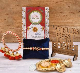 PRIDE STORE Bhaiya Bhabhi Bro Rakhi Kada Rakhi Set With Small Thali And Wooden Showpiece Mauli Thread Rakhi, Showpiece, Thali, Greeting Card, Chawal Roli Pack  Set