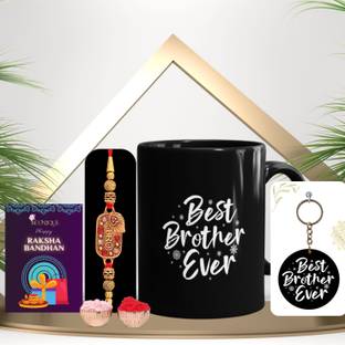 BE UNIQUE Designer Rakhi Gift Set Gold Finish Mug, Rakhi, Key Ring, Greeting Card, Chawal Roli Pack  Set