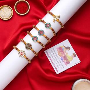 Akaar Religious Rakhi (Pack of 6) for Brothers | Roli Chawal | Card Gold Finish Greeting Card, Rakhi, Chawal Roli Pack  Set
