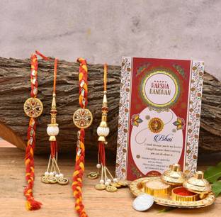PRIDE STORE Bhaiya Bhabhi Latest Design Lakh & Lumba Rakhis, Traditional Thali with Shagun Ka Sikka & Card Mauli Thread, Pearl, Gold Finish Rakhi, Thali, Greeting Card, Chawal Roli Pack  Set