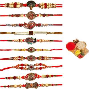 bandhan Designer RAKHI0487 Gold Finish, Mauli Thread, Kundan, Zardosi Rakhi, Chawal Roli Pack  Set