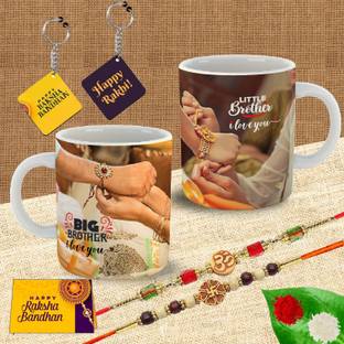 OddClick Designer MUG-KEY-RAKHI-5513-5514 Mauli Thread Chawal Roli Pack, Rakhi, Greeting Card, Mug, Key Ring  Set