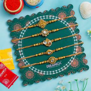 Dreamica Designer Rakhi-74 Pearl Rakhi, Chawal Roli Pack, Greeting Card  Set