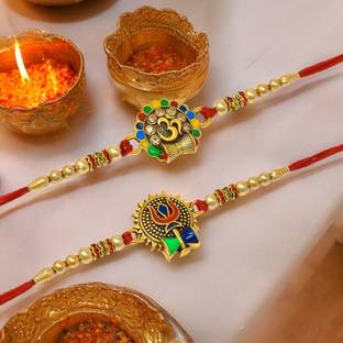 Meira Jewellery Religious Combo-1267 Gold Finish Rakhi, Greeting Card, Chawal Roli Pack  Set