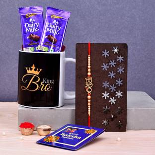 Cadbury Thread King Bro Black mug with Red kundan Rakhi,1 Rakhi, 1 Tilak With Greet Card Rakhi Kundan Mug, Greeting Card  Set