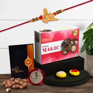 DeoDap Religious Rakhi Combo Gift Set for Brother |Choco Magic 32Gm|Chocolate|Y22K1_355_CM32 Assorted Rakhi, Greeting Card, Coins, Chawal Roli Pack  Set