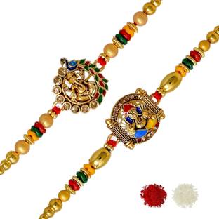 Meira Jewellery Bhaiya Bhabhi Brass Elegant Ganesha Combo Rakhi for Brother Kids 147 Mauli Thread, Gold Finish, Pearl, Silver Rakhi, Greeting Card, Chawal Roli Pack  Set