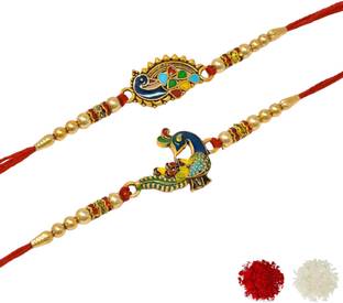 Meira Jewellery Religious Combo-1270 Gold Finish Rakhi, Greeting Card, Chawal Roli Pack  Set