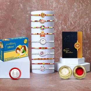 DeoDap Designer Rakhi Combo Gift Set for Brother |Butterscotch 32Gm|Chocolate|Y22K10_MC5_BS32 Assorted Rakhi, Chawal Roli Pack, Greeting Card, Coins  Set