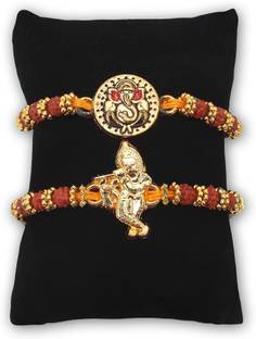 Akaar Religious Rakhi (Pack of 2) Ganesha & Krishna | Roli Chawal | Card Gold Finish Greeting Card, Rakhi  Set