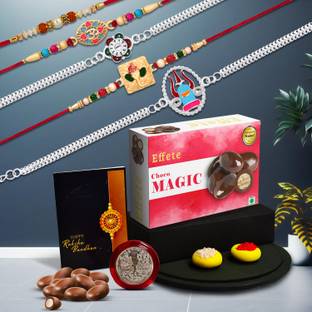 DeoDap Designer Rakhi Combo Gift Set for Brother |Choco Magic 32Gm|Chocolate|Y22K5_NC28_CM32 Assorted Rakhi, Chawal Roli Pack, Greeting Card, Coins  Set