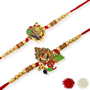 Meira Jewellery Religious Combo-1253 Gold Finish Rakhi, Greeting Card, Chawal Roli Pack  Set
